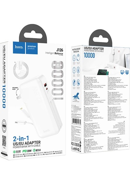 Hoco J126 Usb-A+Type-C Çıkışlı Type-C+Lightning Kablolu 10000MAH Powerbank Şarj ALETI-(1903)