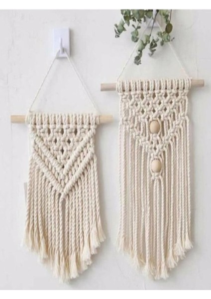 Bej Makrome Örgülü 2'li Duvar Süsü Seti, Şık ve Doğal Dekorasyon.