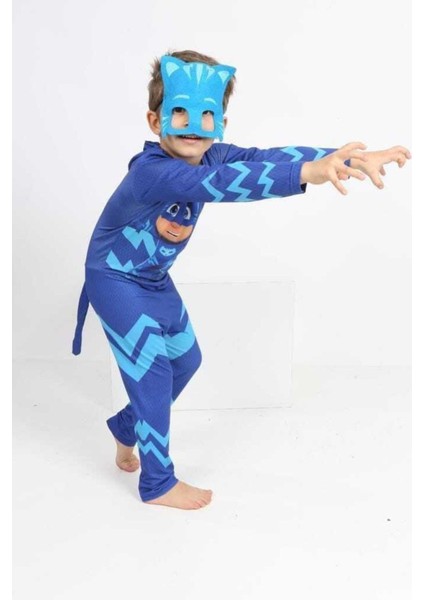 Mavi Pj Mask Kedi Çocuk Tulum ve Maske Seti, Eğlenceli Kostüm