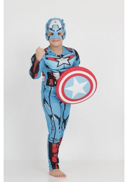 Çocuk Kaptan Amerika Kostümü, Kalkanlı, 4-10 Yaş, Mavi Renkli Eğlenceli Kıyafet fırsatları