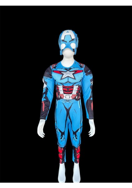 Çocuk Kaptan Amerika Kostümü, Kalkanlı, 4-10 Yaş, Mavi Renkli Eğlenceli Kıyafet