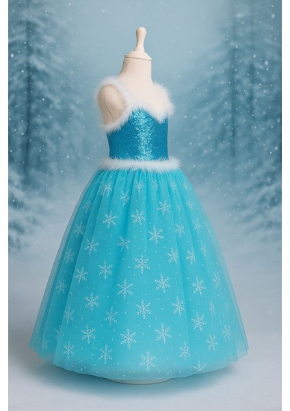 Mavi Elsa Askılı Tarlatanlı Kız Çocuk Kostüm Seti Taç ve Eldiven Hediye fiyatları