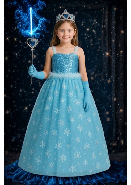 Mavi Elsa Askılı Tarlatanlı Kız Çocuk Kostüm Seti Taç ve Eldiven Hediye