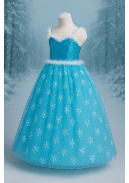 Mavi Elsa Askılı Tarlatanlı Kız Çocuk Kostüm Seti Taç ve Eldiven Hediye