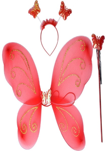 Kelebek Kanadı, Tacı ve Asasıyla Renkli Kostüm Tamamlama Seti, Kırmızı