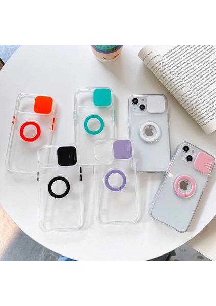 Ally iPhone 13 6.1 Inç Kılıf Sürgülü Kamera Lens Korumalı Yüzük Standlı Silikon KILIF-(1903) modelleri