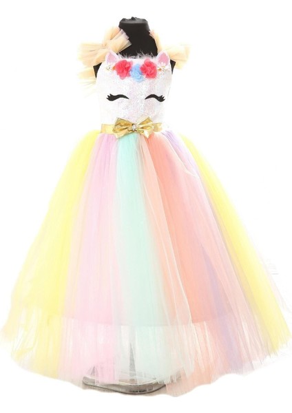 Renkli Unicorn Tarlatanlı Kız Çocuk Elbise, Sevimli ve Renkli Tasarım