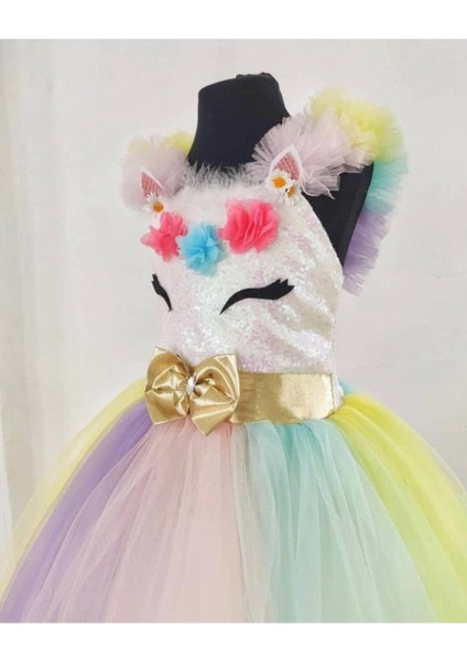 Renkli Unicorn Tarlatanlı Kız Çocuk Elbise, Sevimli ve Renkli Tasarım modelleri