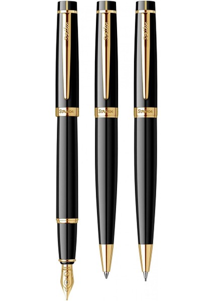 & WizDesign 38 Dolmakalem + Tükenmezkalem + Versatil Üçlü Set Siyah Altın (Ömür Boyu Garantili - Lüks Kutulu - İsme Özel Tasarım)
