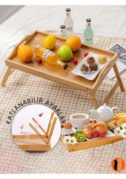 Katlanabilir Ayaklı Bambu Tepsi, Portatif ve Şık Tasarım, 50X30 cm Kahverengi