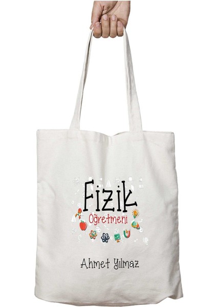 Kişiye Özel Fizik Öğretmeni Elma Iki Tarafı Kalıcı Baskılı Yıkanabilir Okul Plaj Omuz Bez Çantası