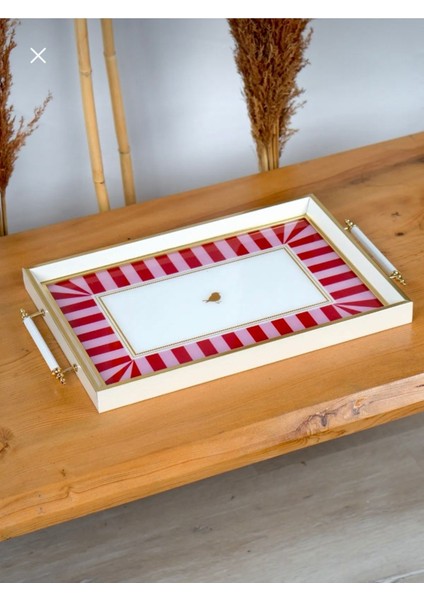 Kırmızı 6 Kişilik Cam Çerçeli Sunum Tepsisi, Love Bird Şık Tasarım