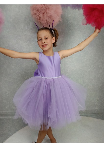 Kız Çocuk Abiye Elbise Ada, Lila Bel Incili,tütü Elbise