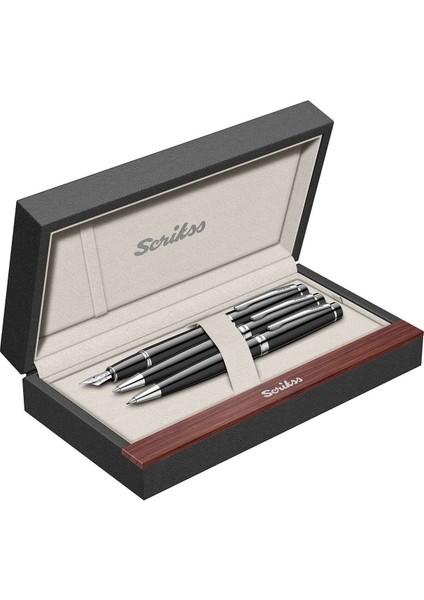 & WizDesign 38 Dolmakalem + Tükenmezkalem + Versatil Üçlü Set Siyah Krom (Ömür Boyu Garantili - Lüks Kutulu - İsme Özel Tasarım)