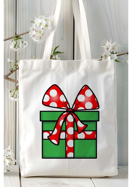 Yılbaşı Yeşil Baskılı Bez Omuz Çantası Kişiye Özel Model 12