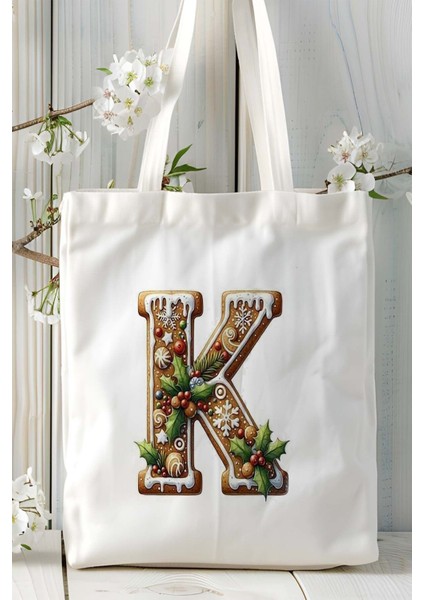 K Harfi Kurabiye Noel Yeniyıl Isimli Baskılı Bez Omuz Çantası Çift Taraflı Kişiye Özel Model 13