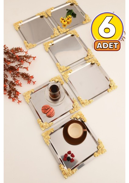 4 Köşe Sarı Çiçek Detaylı Sunum Tepsisi Gümüş 6'lı Takım