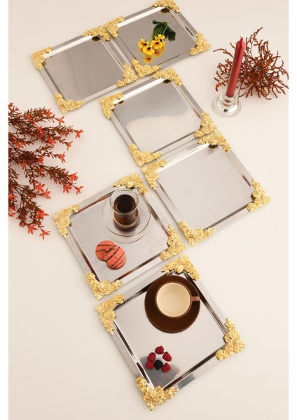 4 Köşe Sarı Çiçek Detaylı Sunum Tepsisi Gümüş 6'lı Takım fiyatları