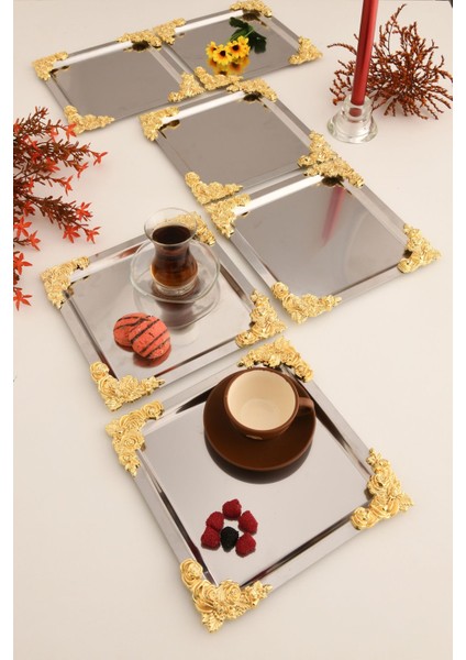 4 Köşe Sarı Çiçek Detaylı Sunum Tepsisi Gümüş 6'lı Takım modelleri