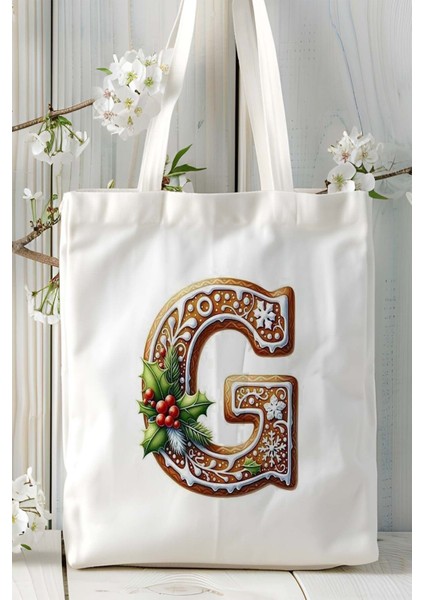 G Harfi Kurabiye Noel Yeniyıl Isimli Baskılı Bez Omuz Çantası Çift Taraflı Kişiye Özel Model 8