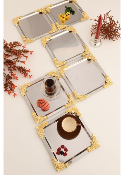 4 Köşe Sarı Çiçek Detaylı Sunum Tepsisi Gümüş 6'lı Takım fırsatları