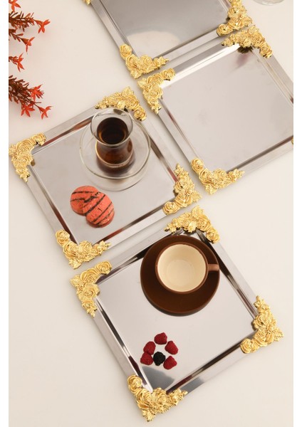 4 Köşe Sarı Çiçek Detaylı Sunum Tepsisi Gümüş 6'lı Takım indirimleri