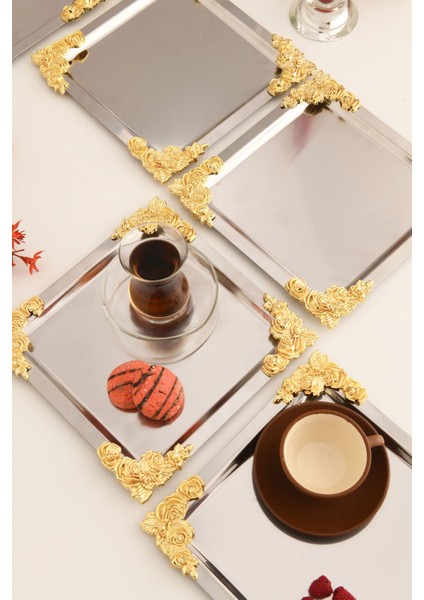 4 Köşe Sarı Çiçek Detaylı Sunum Tepsisi Gümüş 6'lı Takım