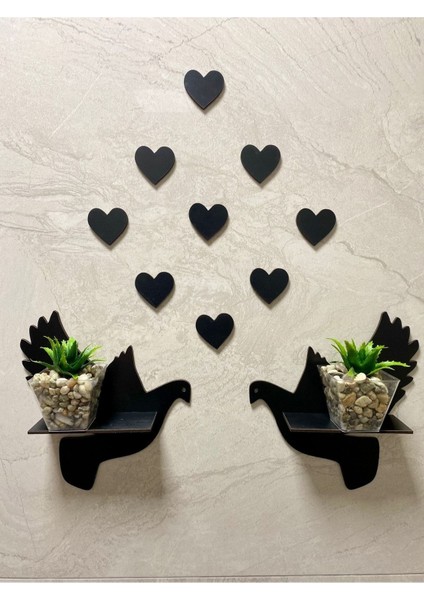 Şık Ahşap Güvercin ve Kalp Duvar Dekoru Seti, Siyah Renk, 12 Parça