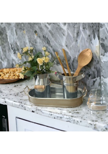 Galvaniz Tarzı Dekoratif 3'lü Set: Vazo, Tepsi ve Kaşıklık