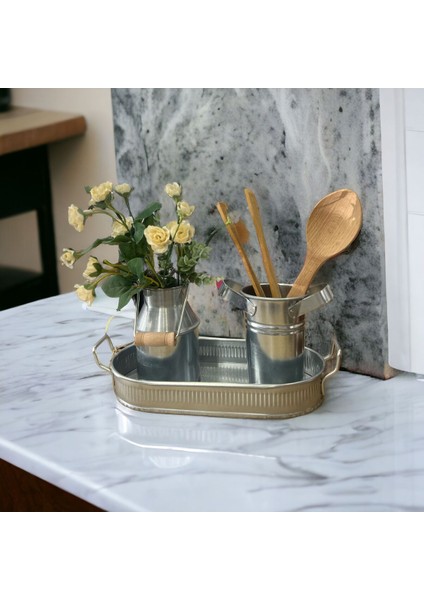 Galvaniz Tarzı Dekoratif 3'lü Set: Vazo, Tepsi ve Kaşıklık modelleri