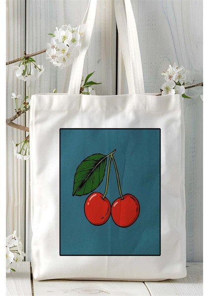 Vişne Baskılı Bez Çanta Omuz Çantası Kişiye Özel Desen 2