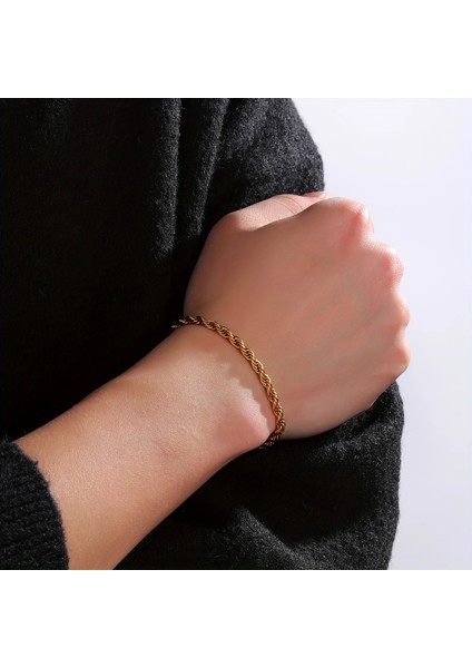 Çelik Bileklik Ince Burgu Zincir Model Kalınlık 0.2 mm 17 cm Ayarlanabilir 6 cm Altın Sarısı (Gold)