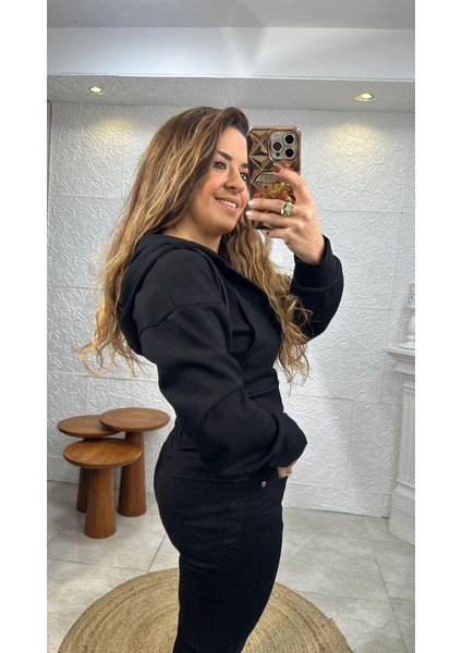 Fermuarlı Kapüşonlu Siyah Crop Ceket fiyatları