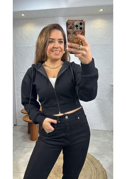 Fermuarlı Kapüşonlu Siyah Crop Ceket modelleri