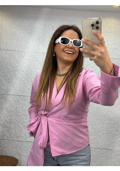 Yandan Bağlamalı Pembe Gömlek modelleri