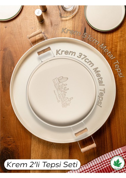 2'li Ahşap Kulplu Metal Tepsi Seti, 51 cm ve 37 Cm, Çay ve Kahve Sunum Için