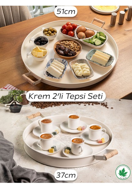 2'li Ahşap Kulplu Metal Tepsi Seti, 51 cm ve 37 Cm, Çay ve Kahve Sunum Için fiyatları