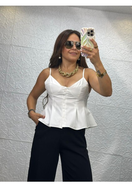 Önü Düğmeli Kumaş Beyaz Crop