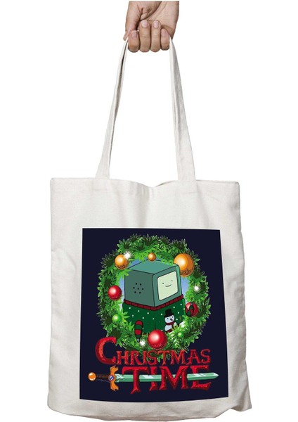 Adventure Christmas Time Wreath Beemo Cartoon Network Iki Tarafı Kalıcı Baskılı Yıkanabilir Çanta