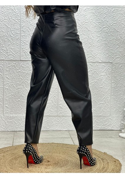 Siyah Pens Detaylı Deri Pantolon modelleri