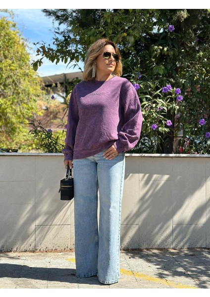 Yıkamalı Kumaş Mürdüm 3 Iplik Sweatshirt modelleri