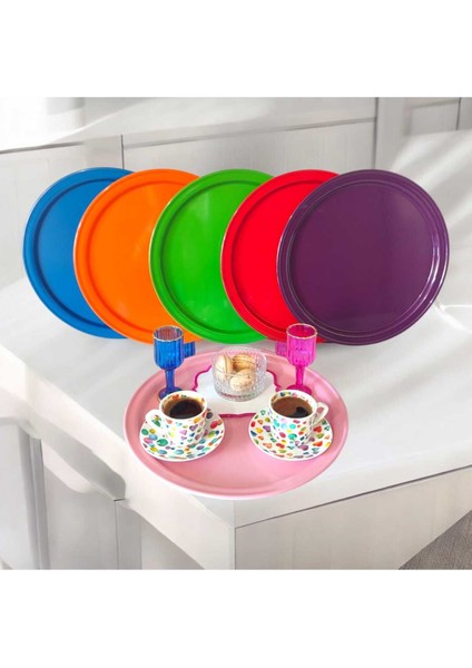 Renkli 6'lı Metal Sunum Tepsisi, Kahve ve Çay Için 30 cm Yuvarlak Set