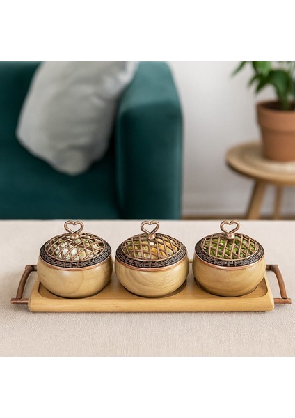 Ahşap Sunum Seti 3 Kaseli, Kulplu Kayın Stantlı, Bakır Kapaklı, Renkli, Servis Tepsisi