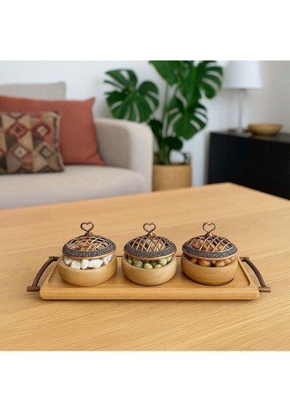 Ahşap Sunum Seti 3 Kaseli, Kulplu Kayın Stantlı, Bakır Kapaklı, Renkli, Servis Tepsisi fiyatları