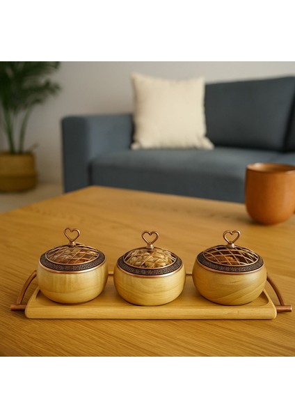 Ahşap Sunum Seti 3 Kaseli, Kulplu Kayın Stantlı, Bakır Kapaklı, Renkli, Servis Tepsisi modelleri