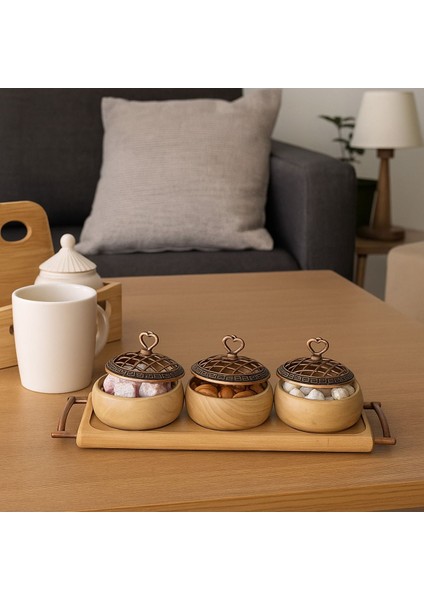 Ahşap Sunum Seti 3 Kaseli, Kulplu Kayın Stantlı, Bakır Kapaklı, Renkli, Servis Tepsisi fırsatları