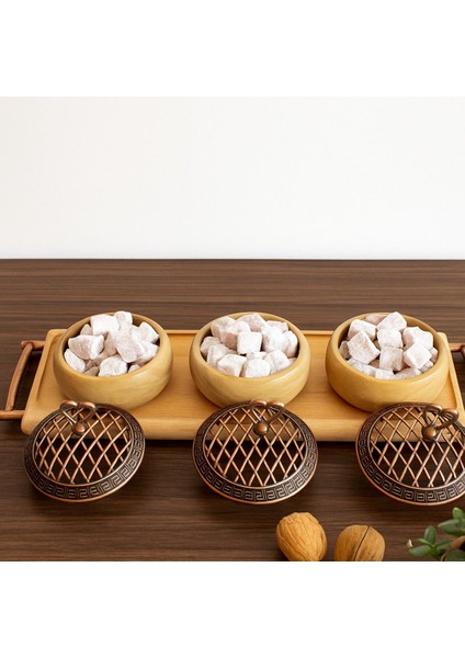 Ahşap Sunum Seti 3 Kaseli, Kulplu Kayın Stantlı, Bakır Kapaklı, Renkli, Servis Tepsisi indirimleri