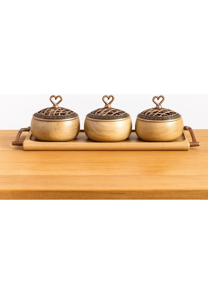 Ahşap Sunum Seti 3 Kaseli, Kulplu Kayın Stantlı, Bakır Kapaklı, Renkli, Servis Tepsisi
