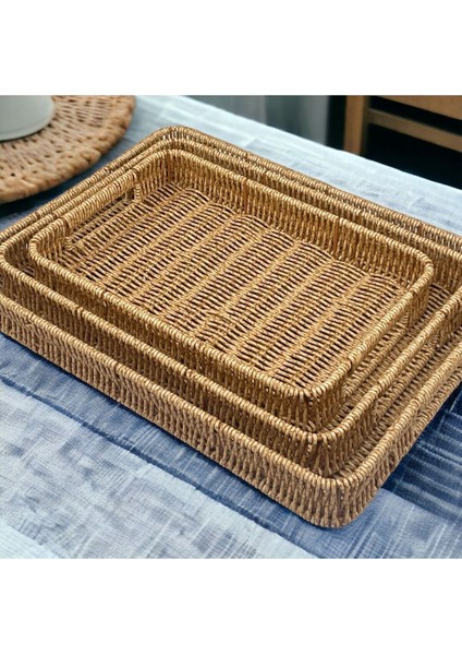 Haki Büyük Dikdörtgen Hasır Tepsi, Sunum ve Düzenleme Için Ideal, 40X30CM