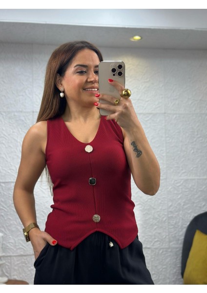 Fitilli Düğmeli Bordo Yelek modelleri